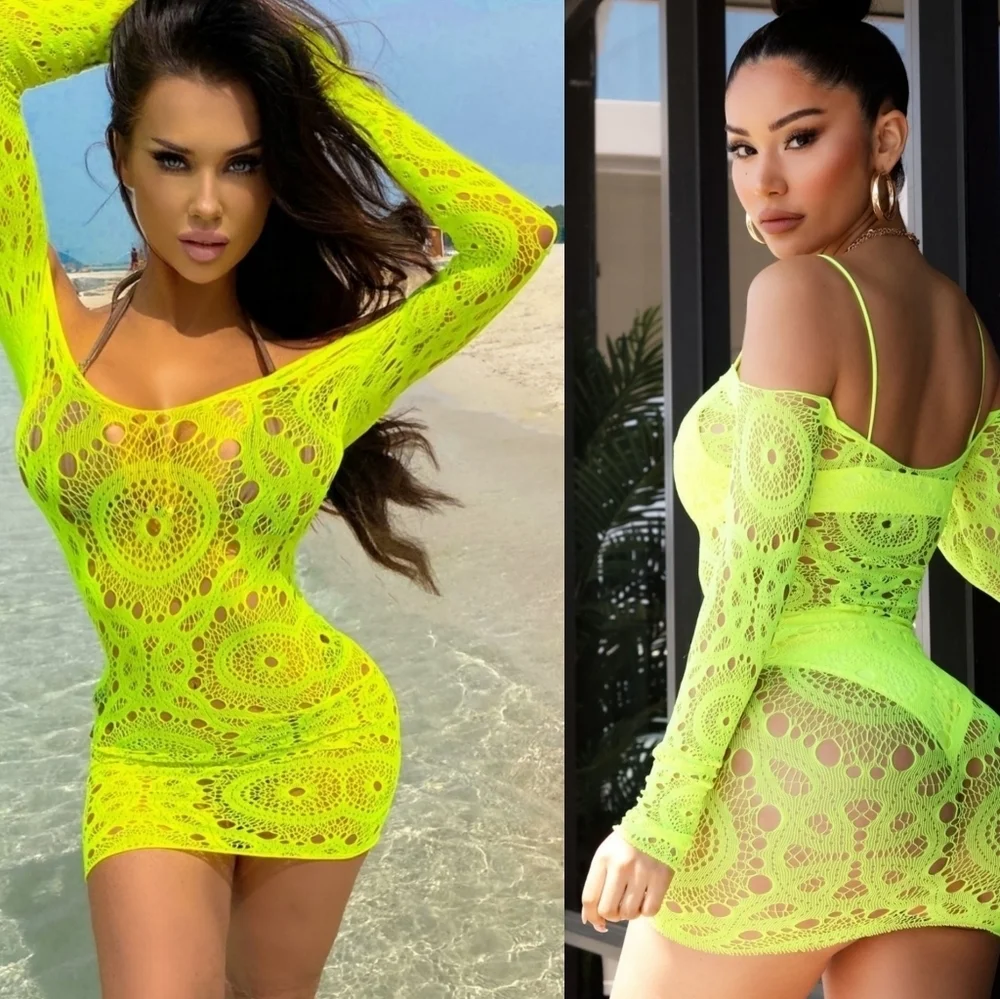 NWT WILD SPIRIT YELLOW NEON ULTRA STRETCH SWIM COVER UP DRESS
